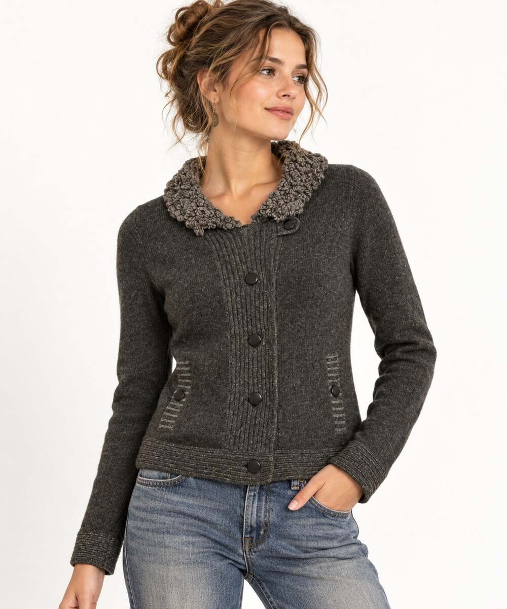 Vintage Y2K GAP 100% Wool Cardigan Sweater Womens Charcoal Gray Boucle Collar S